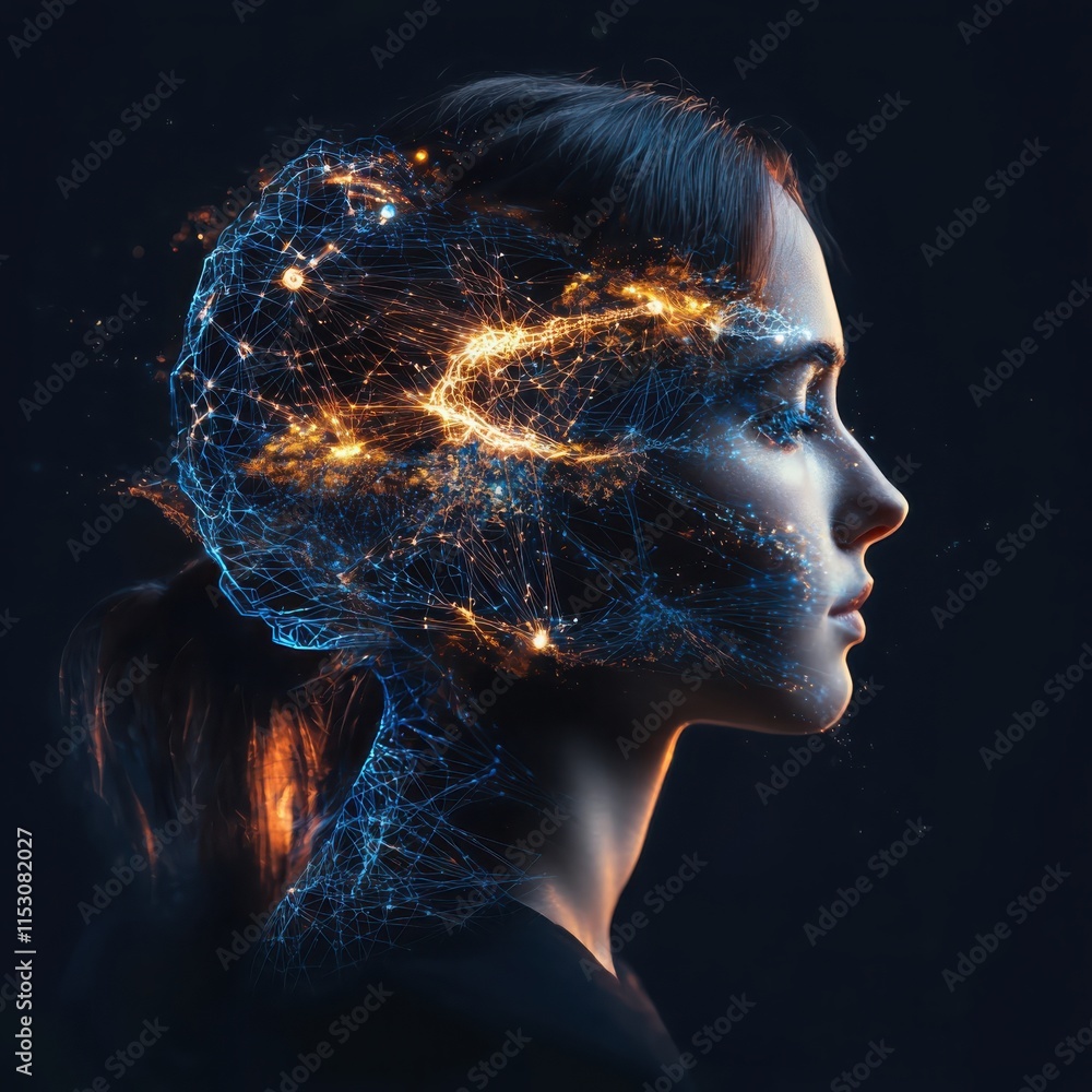 Aufkleber illuminated neural networks and ai overlaying a silhouetted profile dark background digital art myst