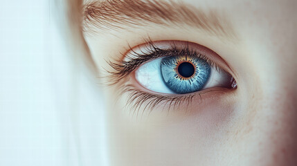 Obraz premium Close-up of a beautiful woman's blue eye with a contact lens, against a white background