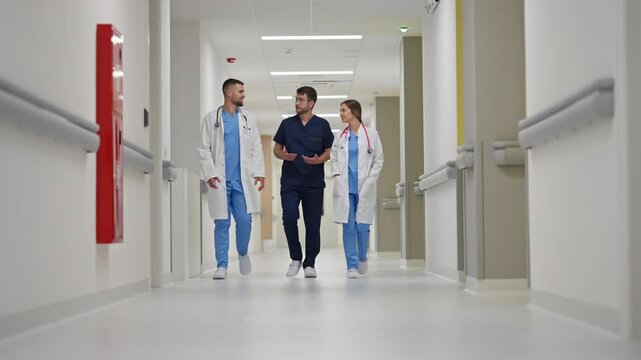 Three healthcare professionals, including two doctors and a nurse, walking together down a brightly lit hospital corridor, engaged in conversation. Concept of teamwork and collaboration in healthcare.