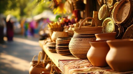 A vibrant display of handcrafted pottery and woven baskets at a market, showcasing artisanal skills and cultural heritage amidst a lively atmosphere.