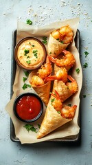  a serving tray holding shrimp cones lined with parchment paper, garnished with parsley and paired with colorful sauces, celebrating National French Fried Shrimp Day,