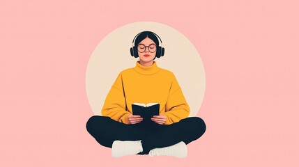 Woman reading a book with headphones and glasses in a minimal setting with a pink background