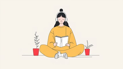 Obraz premium Woman reading a book with headphones and plants in a minimal design with a light background