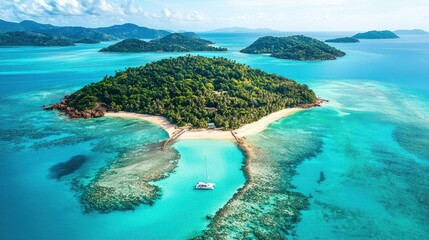 Tropical Island Paradise with Boat and Turquoise Waters