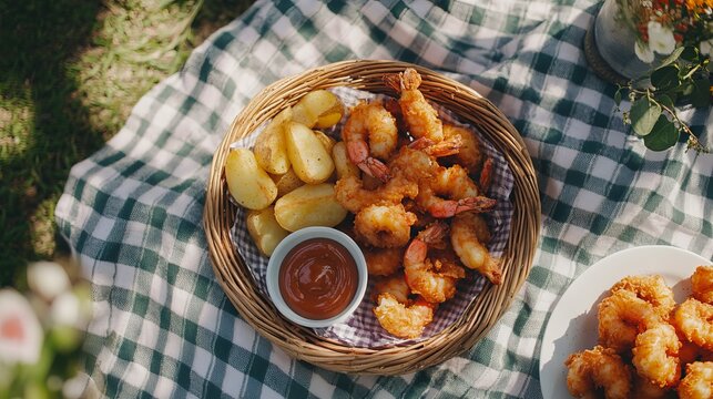 h a sunny picnic setup, featuring a woven basket filled with crispy shrimp, potato wedges, and colorful sauces, placed on a gingham blanket, celebrating National French Fried Shrimp Day,