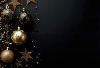 Christmas background with fir branches, gold decorations and pine cones on a black table. Flat lay. top view with copy space. High quality photo
