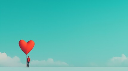 Minimalist figure holding a big red heart balloon illustration style