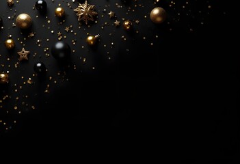 Christmas background with fir branches, gold decorations and pine cones on a black table. Flat lay. top view with copy space. High quality photo
