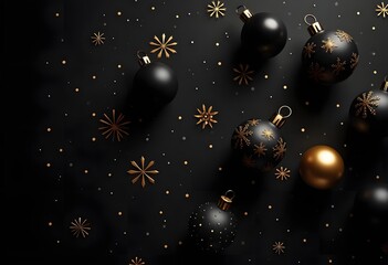 Christmas background with fir branches, gold decorations and pine cones on a black table. Flat lay. top view with copy space. High quality photo
