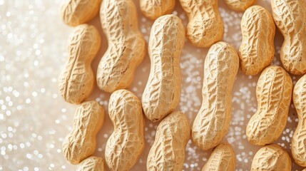 An array of vertically standing raw shelled peanuts, showcasing their natural shapes and grooves, against a shimmering white glitter backdrop. 