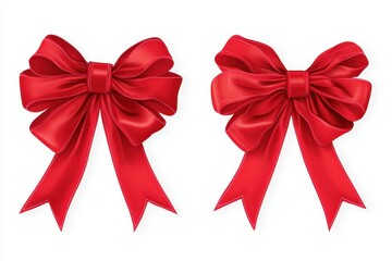 Fototapeta premium Two realistic red satin ribbon bows isolated on white background.