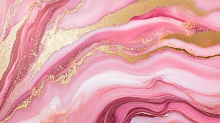 An abstract artwork featuring vivid pink and gold swirling patterns with shimmering details, creating a luxurious and dynamic visual appeal