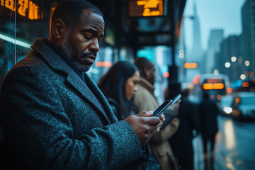 Man Waiting at a Bus Stop Using Smartphone in a Busy Urban Street