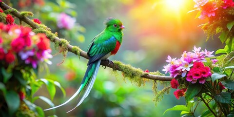 Fototapeta premium A majestic quetzal bird perched on a branch, its vibrant green feathers glistening in the sunlight, surrounded by lush foliage and colorful flowers , nature, Aztec mythology