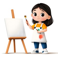 Cute Cartoon Girl Painting with Easel and Blank Canvas