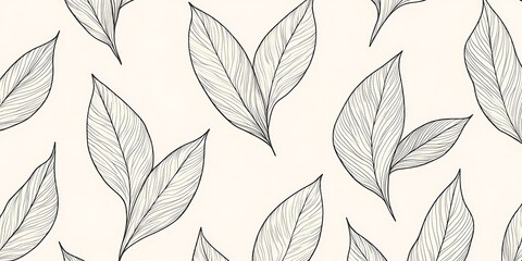 Seamless pattern of elegant line art leaves on a light beige background.