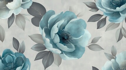 An elegant organic floral seamless pattern with large, flowing flowers in shades of blue and teal, surrounded by soft gray leaves. 