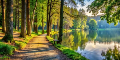 A serene lakeside path lined with tall trees and surrounded by a tranquil lake, inviting reflection and solitude, tranquility
