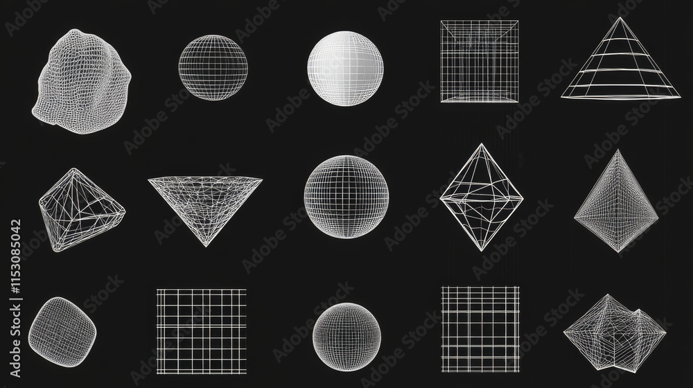 Poster y2k white grid abstract shape. vector illustration set of wireframe geometric forms and symbols. ret