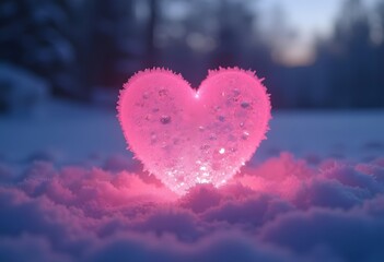 Fototapeta premium A bright pink heart on a soft white snow in the sunshine in the daytime. Use as an illustration to express love on Valentine's Day. 