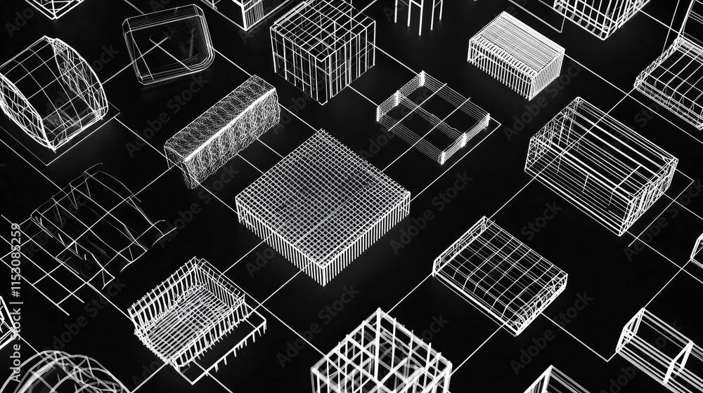 Poster y2k white grid abstract shape. vector illustration set of wireframe geometric forms and symbols. ret