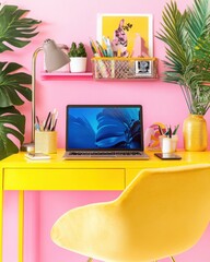 Bright Yellow Desk Setup with Laptop, Plants, and Pink Wall Decor