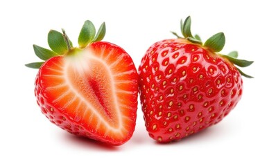Fresh red strawberries, one cut in half