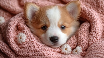 A cozy puppy wrapped in a soft blanket, exuding warmth and cuteness.