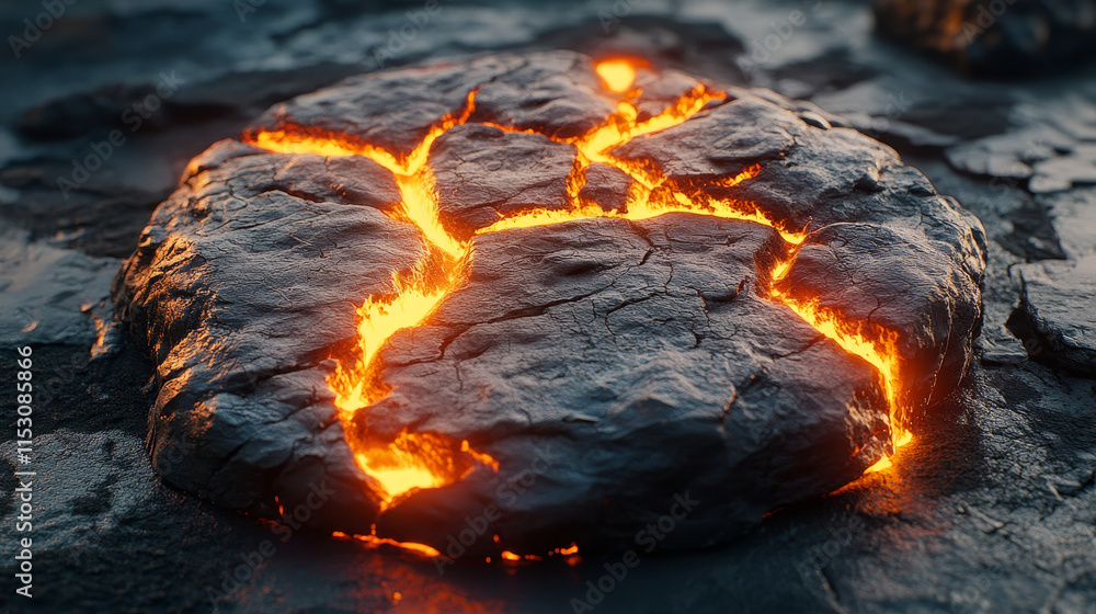 Aufkleber volcano boulder texture with lava in cracks and broken stones. volcanic rocks with light effect in f