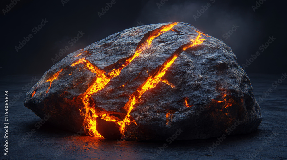 Poster volcano boulder texture with lava in cracks and broken stones. volcanic rocks with light effect in f