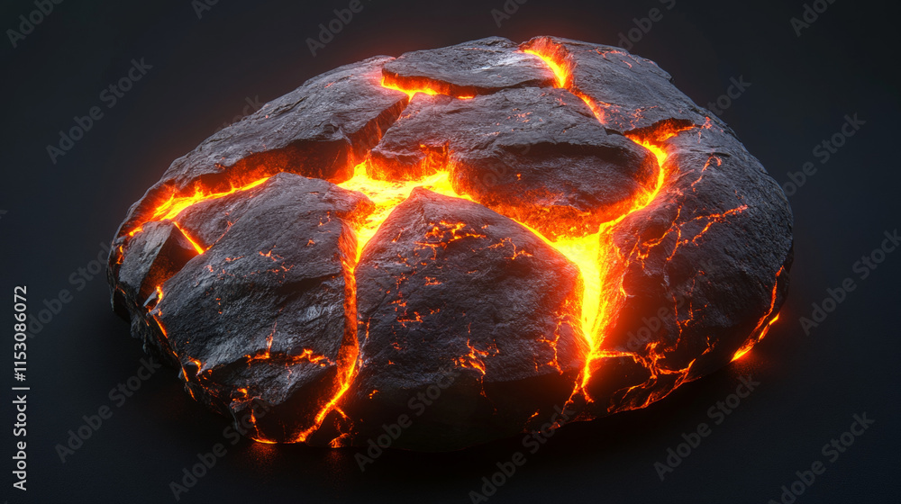 Poster volcano boulder texture with lava in cracks and broken stones. volcanic rocks with light effect in f