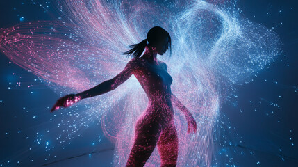 Naklejka premium Hologram dance. Girl dancing. Flickering energy flux of particles. Research design a dance.