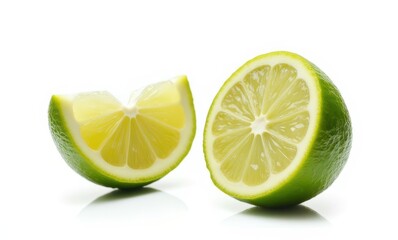 Fresh green lime halves on white background