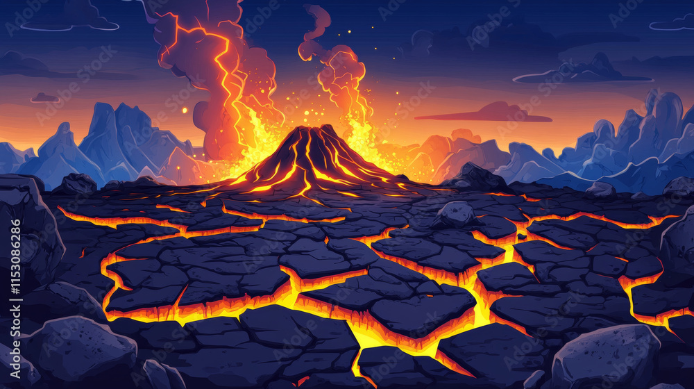 Poster volcano ground texture with lava in cracks and broken stones. volcanic rocks with light effect in fi