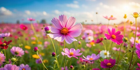 Fototapeta premium Cosmos flower field with vibrant colors, wildflowers, outdoor scene, wildflowers