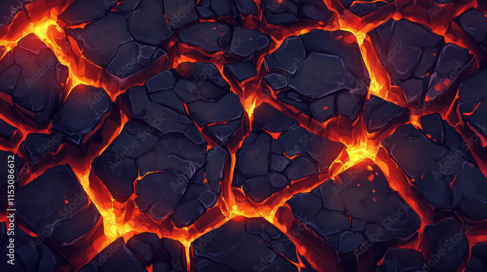 Poster lava rock with crack and light texture vector volcano set. fire and magma in broken stone effect wit