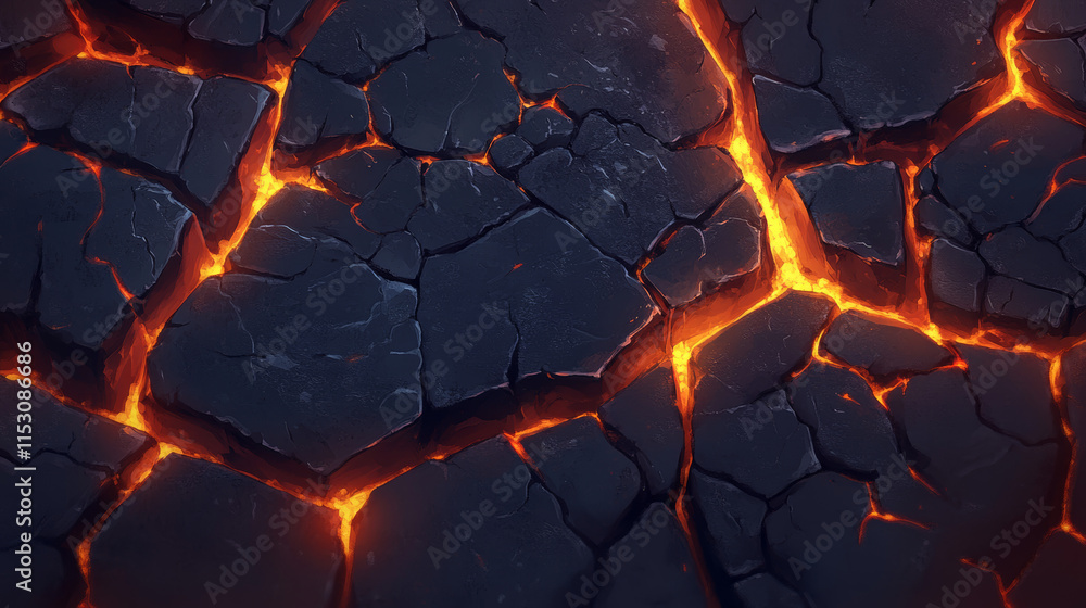 Poster lava rock with crack and light texture vector volcano set. fire and magma in broken stone effect wit