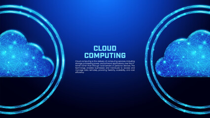 Digital cloud computing pattern in low poly wireframe style for website header, presentation background about, servers, online storage, futuristic technology, cyberspace, and internet.