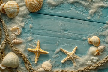 Seashells, starfish, rope, and sand on blue wood. (9)