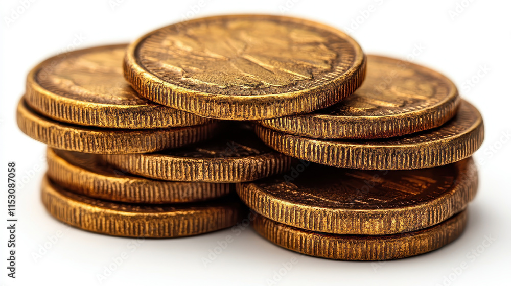 Poster stack of golden blank coins isolated on white background for design and finance concepts