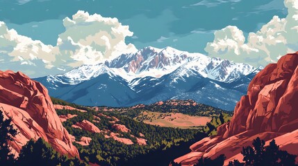 Majestic Snowcapped Mountains Viewed From Red Rock Formations