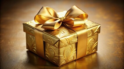 Luxurious gift wrapped in gold foil with a ornate golden box, packaging, luxury,  packaging