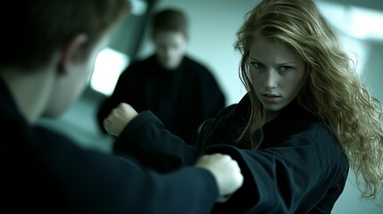 Young woman learning self defense and martial arts in a dojo