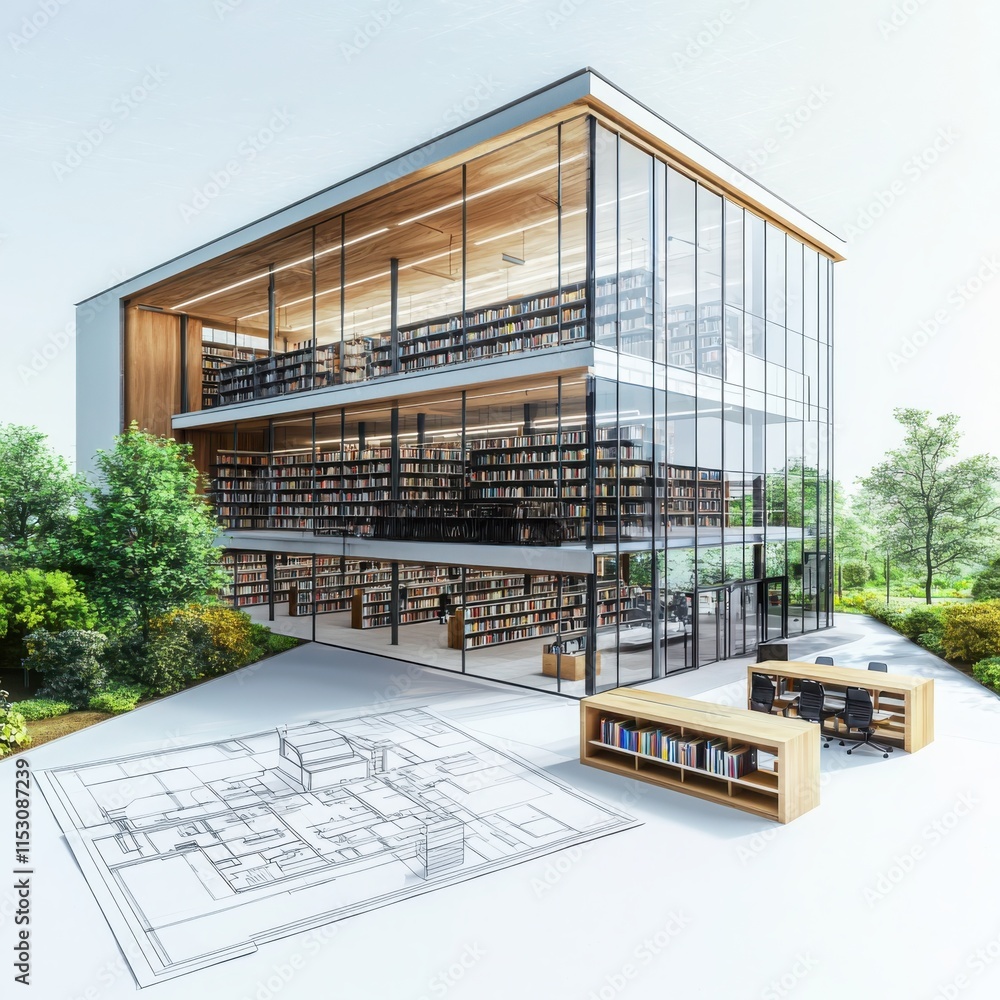 Poster architectural design project for a library building urban setting technical drawing quiet environmen