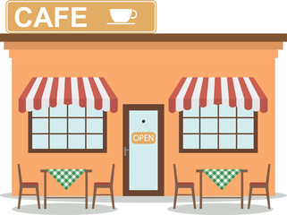 Cafe, cafe facade in retro style with tables isolated on white background. Vector, cartoon illustration. Vector.