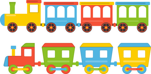 Toy children's train, children's train with cartoon carriages isolated on white background. Vector, cartoon illustration. Vector.
