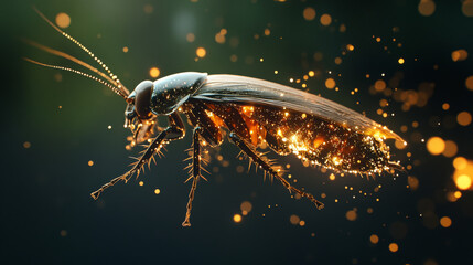 Naklejka premium Hologram cockroach. Holographic projection of a cockroach. Flickering energy flux of particles. Scientific insect design.
