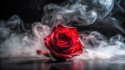A delicate rose petal is wrapped in a swirling mist of red smoke against a dark and mysterious black background , smoke