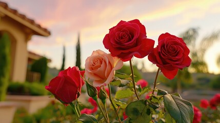 Blooming roses in a serene garden at sunset floral photography vibrant nature scene peaceful atmosphere