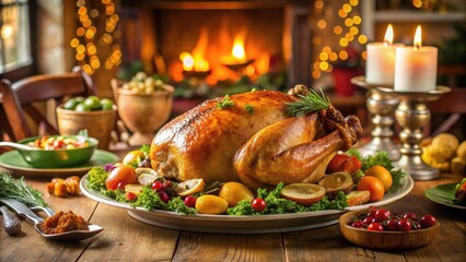 A traditional homemade turkey with roasted vegetables and savory stuffing in a beautifully decorated dining room table setting, turkey centerpiece, warm ambiance